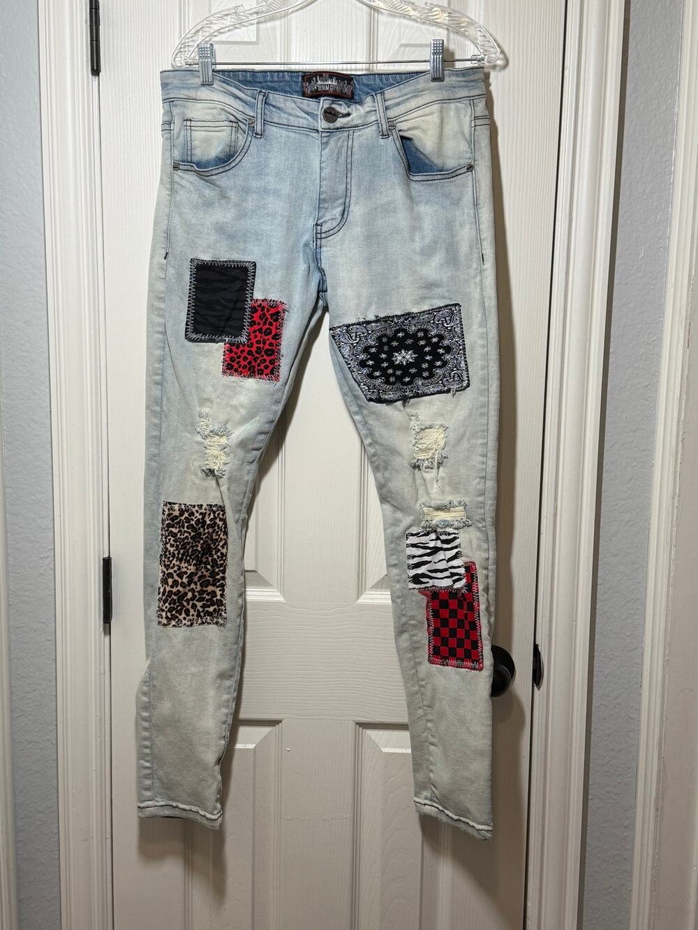 Denim City Patchwork Jeans Waist 34 Y2K Grunge Distressed Multi Print